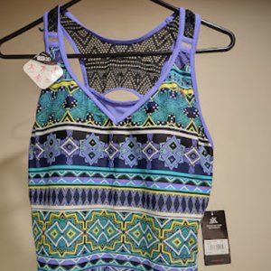 ZEROXPOSURE PURPLE, YELLOW AND BLUE GEOMETRIC PRINT SWIM TOP WOMEN'S SIZE 14 NWT